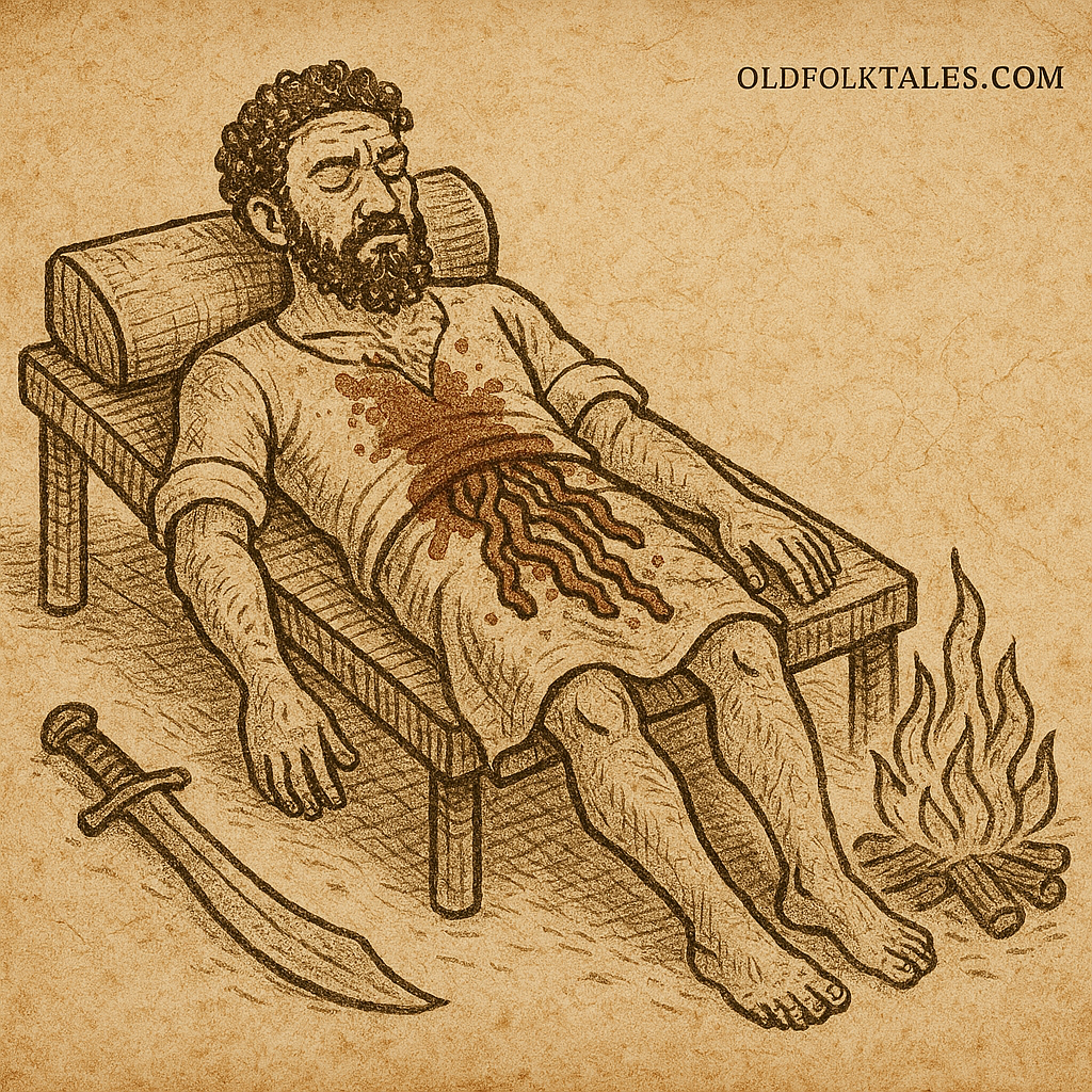 Parchment-style illustration of Agha feigning death with goat entrails, set in a traditional Cameroonian village scene.