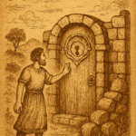 Parchment-style illustration of a sacred forest door, glowing with mystical energy.