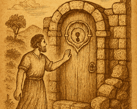 Parchment-style illustration of a sacred forest door, glowing with mystical energy.