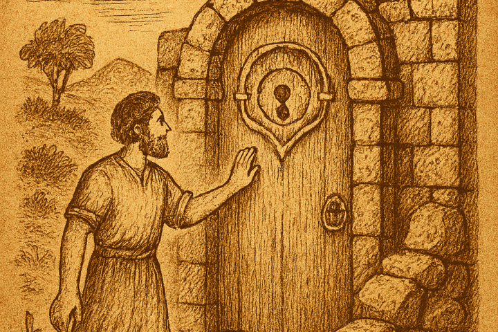 Parchment-style illustration of a sacred forest door, glowing with mystical energy.