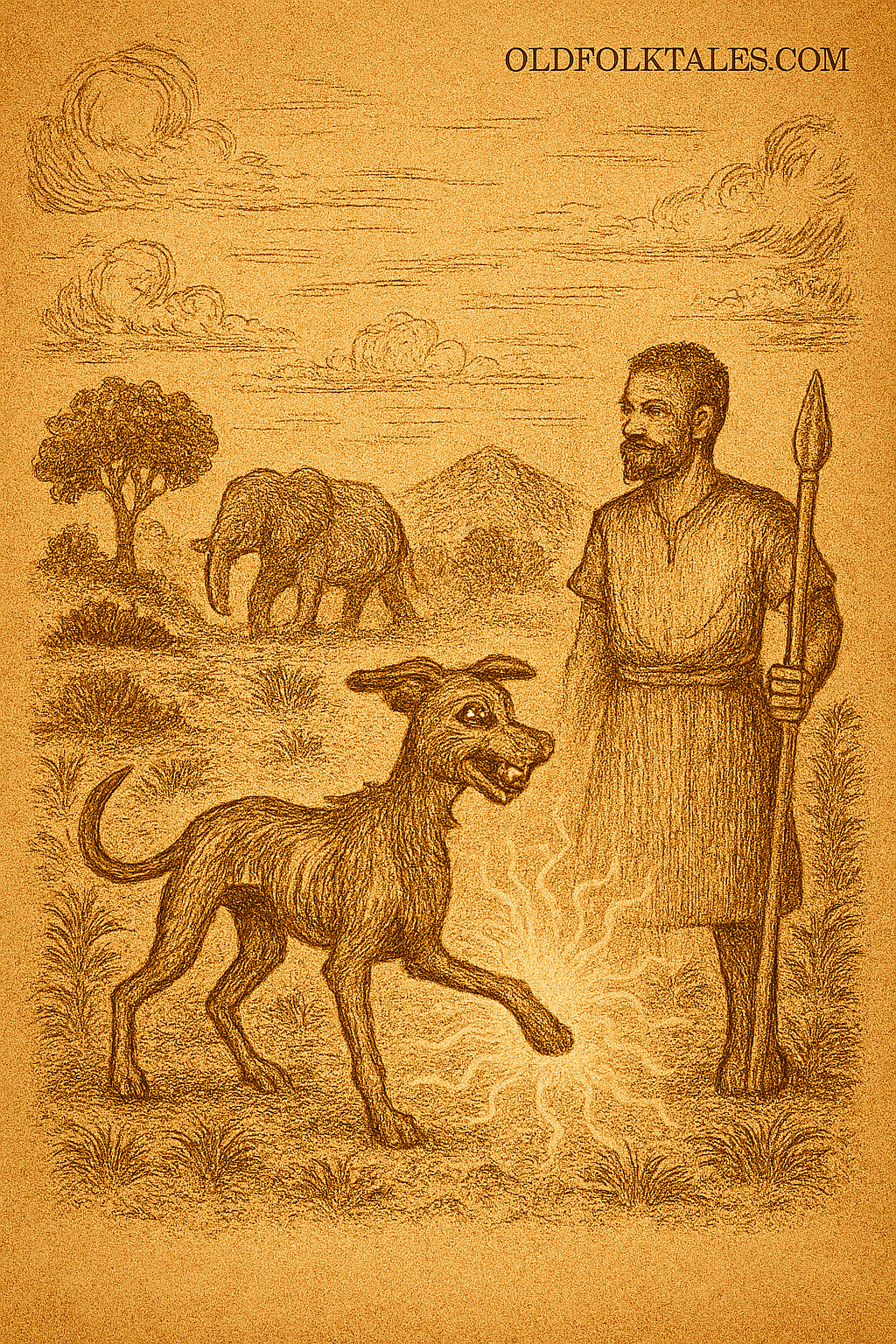Parchment-style illustration of Adieh’s scrawny dog playing a mystical instrument in African forest canopy