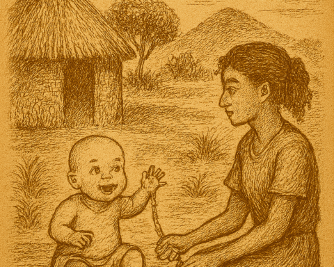 Parchment-style illustration of Cheche watching baby in Cameroonian village, tethered by colorful beads for safety.