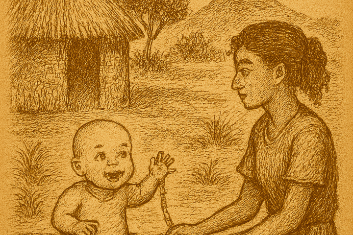 Parchment-style illustration of Cheche watching baby in Cameroonian village, tethered by colorful beads for safety.