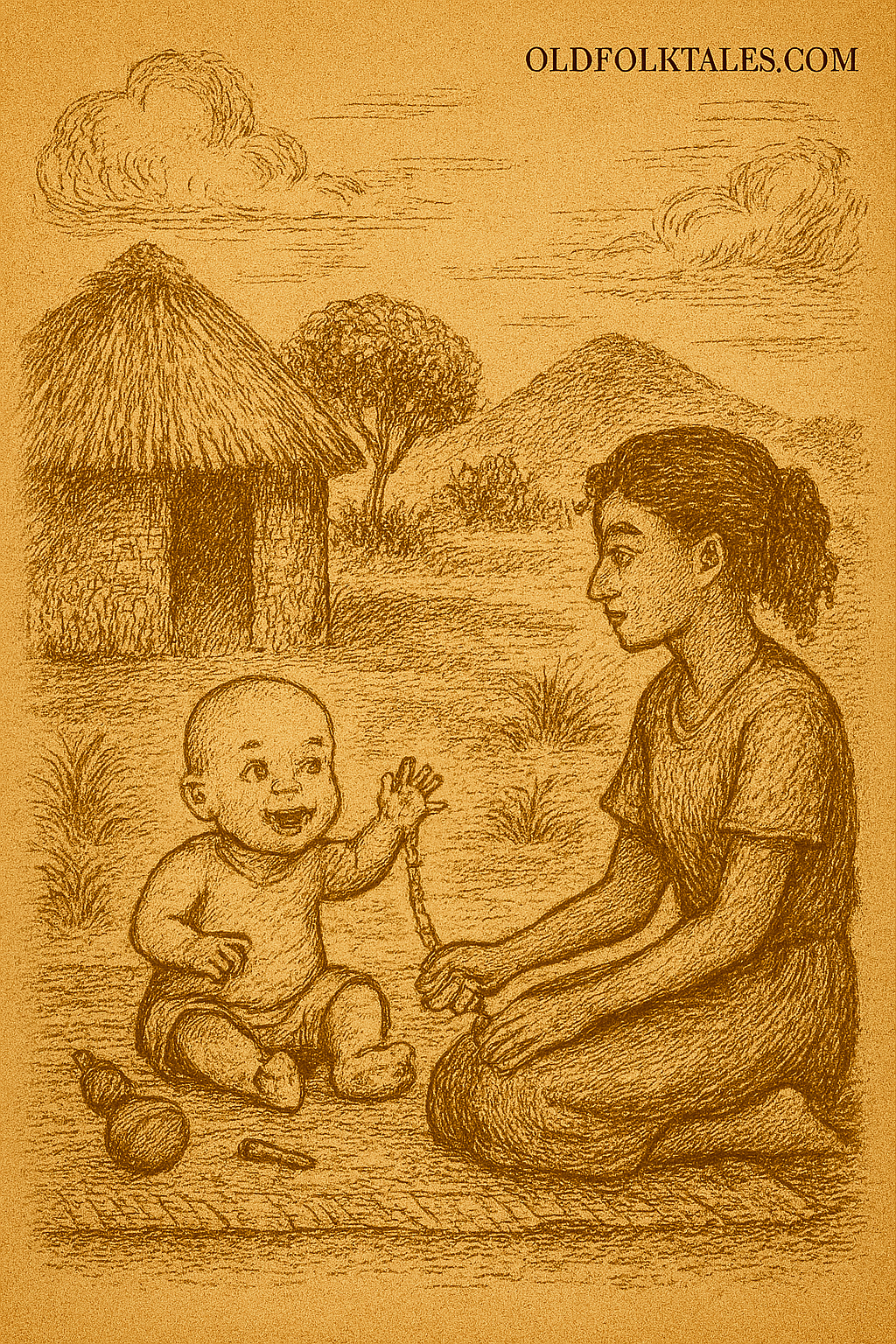 Parchment-style illustration of Cheche watching baby in Cameroonian village, tethered by colorful beads for safety.