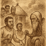 Parchment-style illustration of Cameroonian warriors meeting Death as an old man in a misty forest clearing