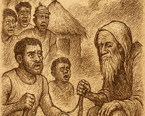 Parchment-style illustration of Cameroonian warriors meeting Death as an old man in a misty forest clearing