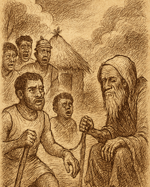 Parchment-style illustration of Cameroonian warriors meeting Death as an old man in a misty forest clearing