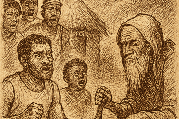 Parchment-style illustration of Cameroonian warriors meeting Death as an old man in a misty forest clearing