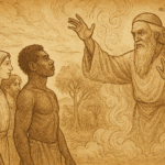 Parchment-style illustration of Creator blessing diverse humans with gifts of sun, snow, forest, and sea in Cameroon.