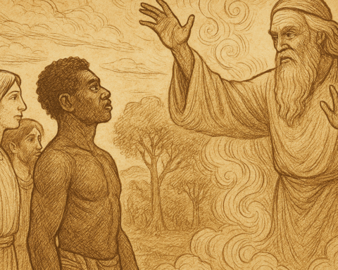 Parchment-style illustration of Creator blessing diverse humans with gifts of sun, snow, forest, and sea in Cameroon.