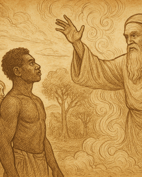 Parchment-style illustration of Creator blessing diverse humans with gifts of sun, snow, forest, and sea in Cameroon.