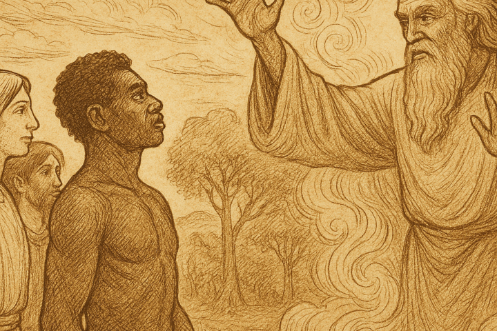 Parchment-style illustration of Creator blessing diverse humans with gifts of sun, snow, forest, and sea in Cameroon.