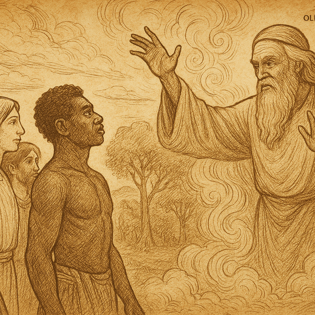 Parchment-style illustration of Creator blessing diverse humans with gifts of sun, snow, forest, and sea in Cameroon.