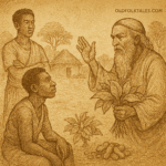 Parchment-style illustration of wise Cameroonian chief settling goat dispute in village courtyard with gathered villagers.