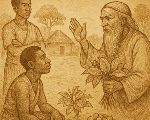 Parchment-style illustration of wise Cameroonian chief settling goat dispute in village courtyard with gathered villagers.