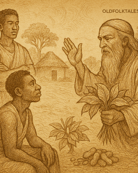 Parchment-style illustration of wise Cameroonian chief settling goat dispute in village courtyard with gathered villagers.
