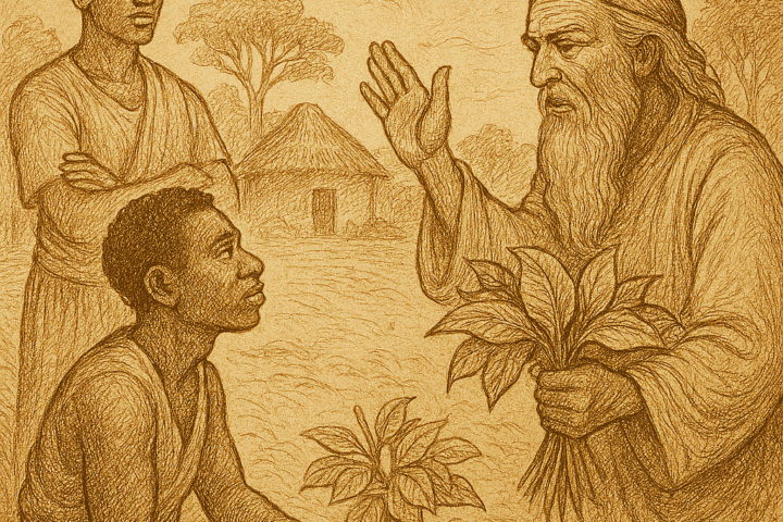 Parchment-style illustration of wise Cameroonian chief settling goat dispute in village courtyard with gathered villagers.