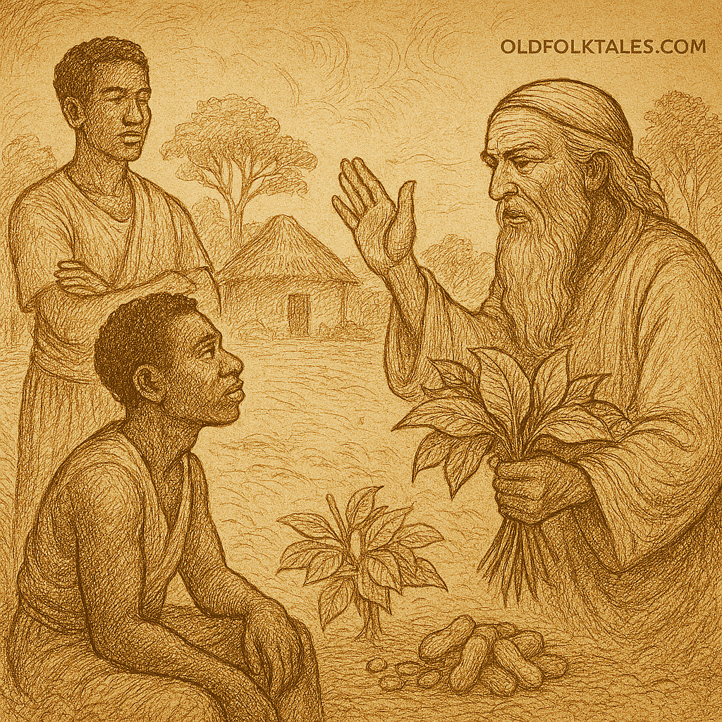 Parchment-style illustration of wise Cameroonian chief settling goat dispute in village courtyard with gathered villagers.