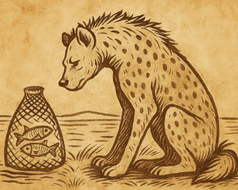 Parchment-style illustration of a clever hyena beside a fish trap at dawn in the African savanna.