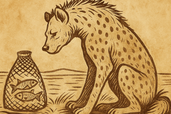 Parchment-style illustration of a clever hyena beside a fish trap at dawn in the African savanna.
