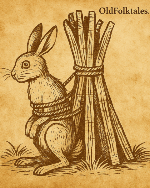 Parchment-style illustration of African hare tied to logs, about to be thrown in fire.