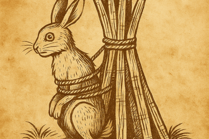 Parchment-style illustration of African hare tied to logs, about to be thrown in fire.