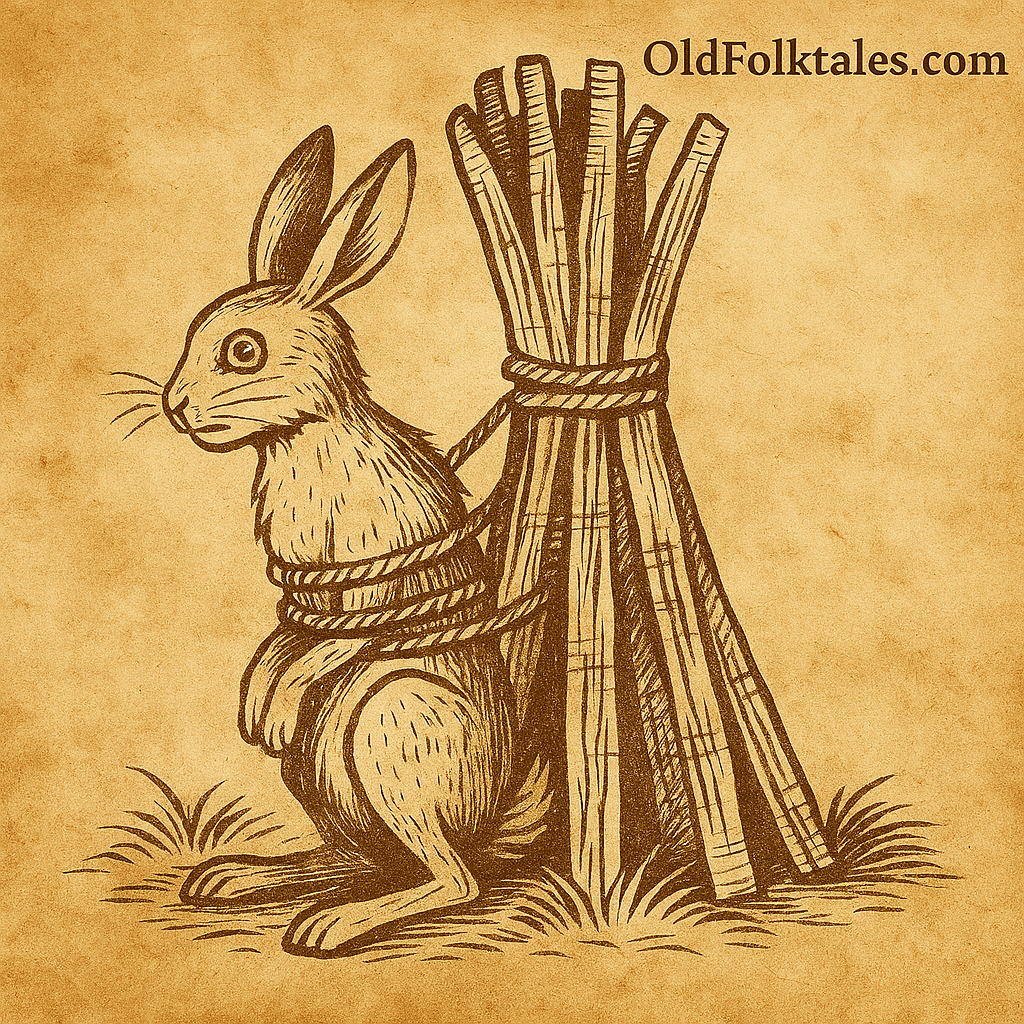 Parchment-style illustration of African hare tied to logs, about to be thrown in fire.