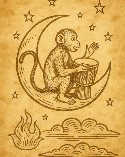 Parchment-style illustration of African monkey playing magical drum on moon, origin of rhythm and music.
