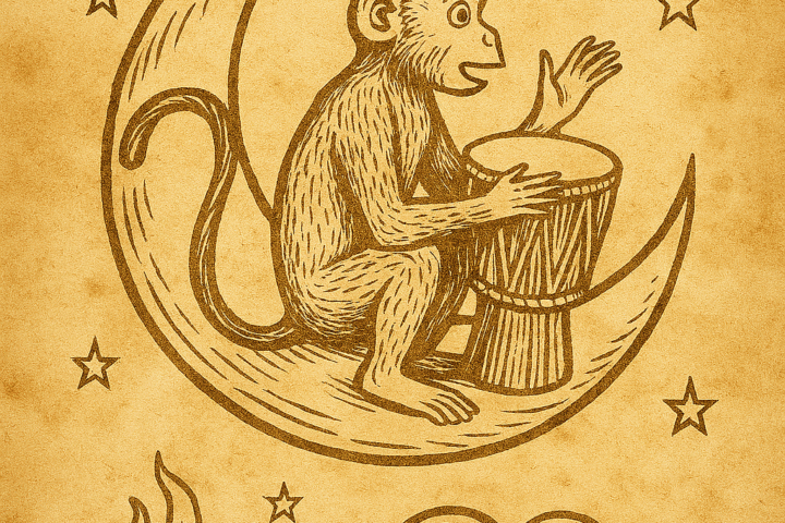 Parchment-style illustration of African monkey playing magical drum on moon, origin of rhythm and music.
