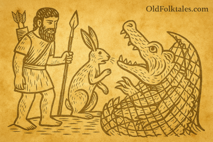 Parchment-style illustration of African hunter and hare judging trapped crocodile by riverbank, tale of justice.