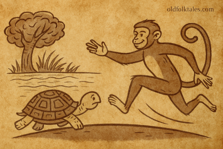 Parchment-style illustration of African tortoise winning race against monkey in forest, tale of wisdom and pride.