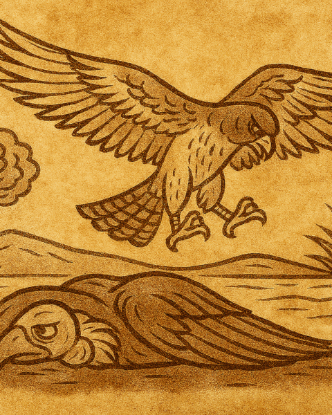 Parchment-style illustration of African falcon flying above as vulture watches, symbol of pride and fate.