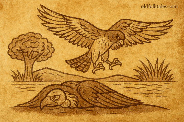 Parchment-style illustration of African falcon flying above as vulture watches, symbol of pride and fate.