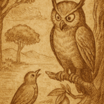 Parchment-style illustration of West African curious bird inspecting sleeping owl’s fake horns in forest clearing.