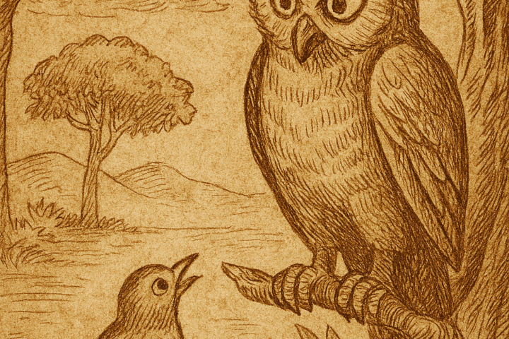 Parchment-style illustration of West African curious bird inspecting sleeping owl’s fake horns in forest clearing.