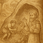 Parchment-style illustration of West African elder brother watching younger sibling greedily gather treasure inside magic cave.