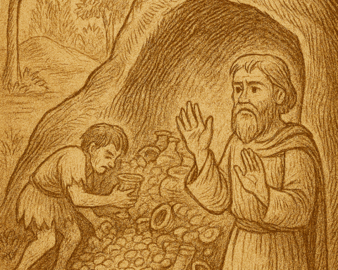 Parchment-style illustration of West African elder brother watching younger sibling greedily gather treasure inside magic cave.
