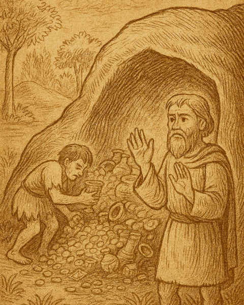 Parchment-style illustration of West African elder brother watching younger sibling greedily gather treasure inside magic cave.