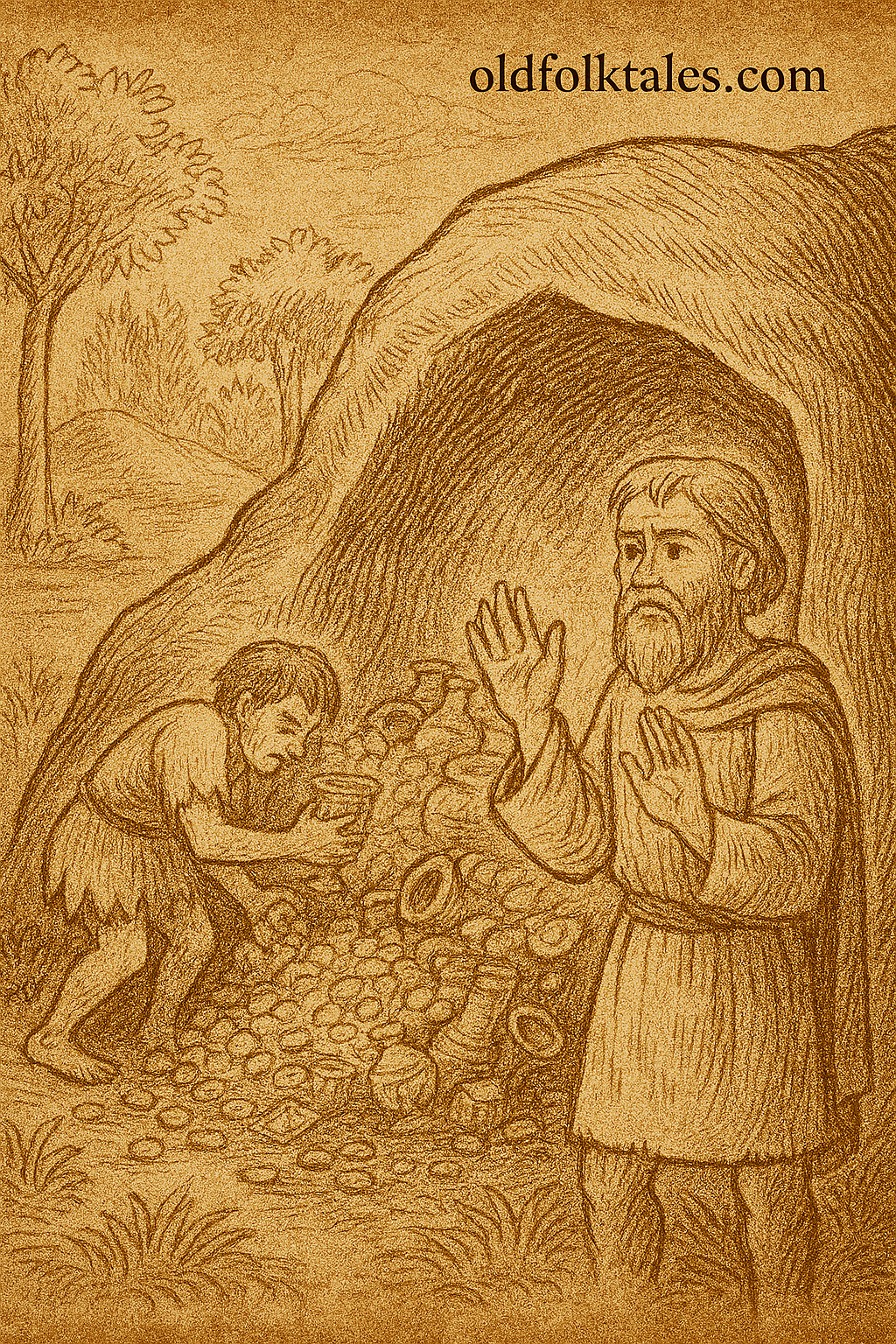 Parchment-style illustration of West African elder brother watching younger sibling greedily gather treasure inside magic cave.