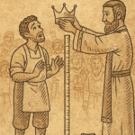 Parchment-style illustration of West African shoemaker being crowned king after matching sacred height in town square.