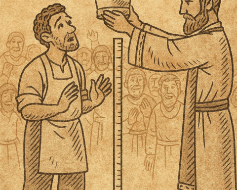 Parchment-style illustration of West African shoemaker being crowned king after matching sacred height in town square.
