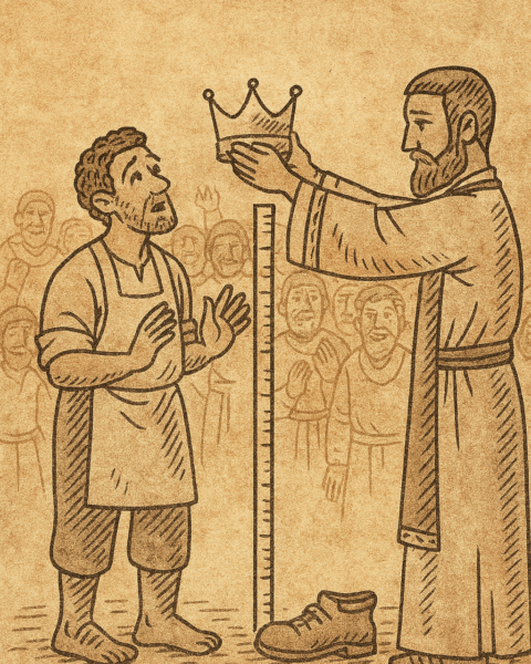 Parchment-style illustration of West African shoemaker being crowned king after matching sacred height in town square.