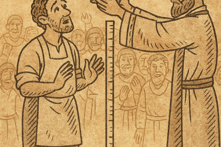 Parchment-style illustration of West African shoemaker being crowned king after matching sacred height in town square.