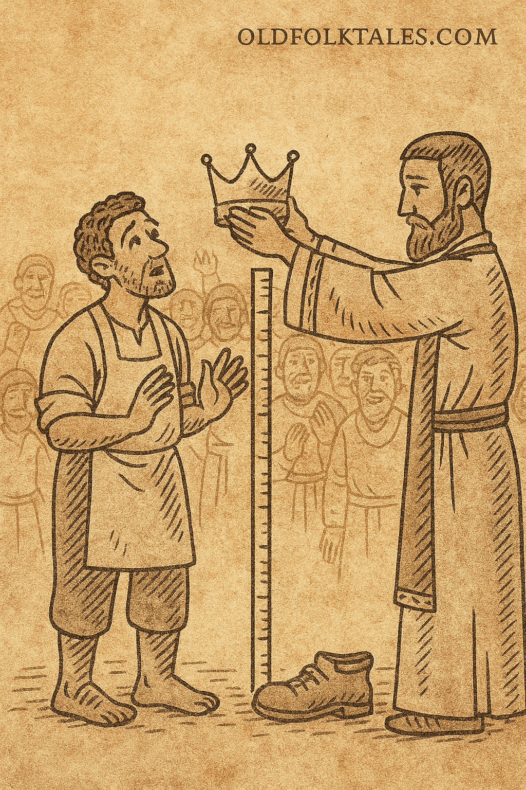 Parchment-style illustration of West African shoemaker being crowned king after matching sacred height in town square.