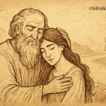 Parchment-style illustration of West African father embracing daughter beside misty river, symbol of sacred promise kept.