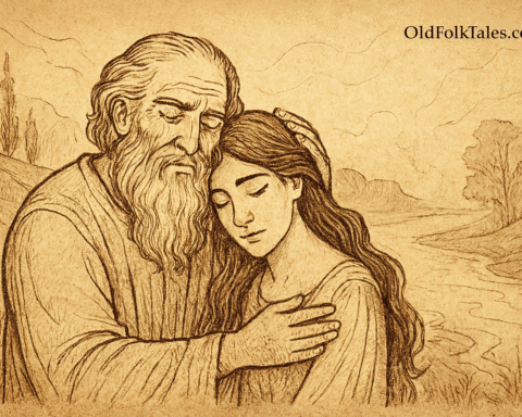Parchment-style illustration of West African father embracing daughter beside misty river, symbol of sacred promise kept.