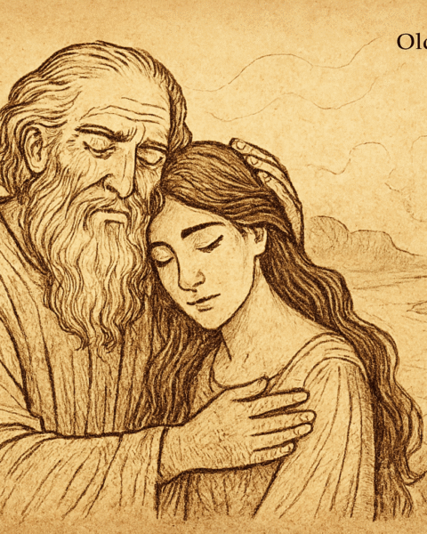 Parchment-style illustration of West African father embracing daughter beside misty river, symbol of sacred promise kept.