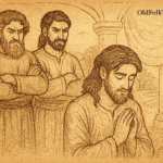 Parchment-style illustration of West African prince kneeling as jealous brothers glare behind him in palace hall.