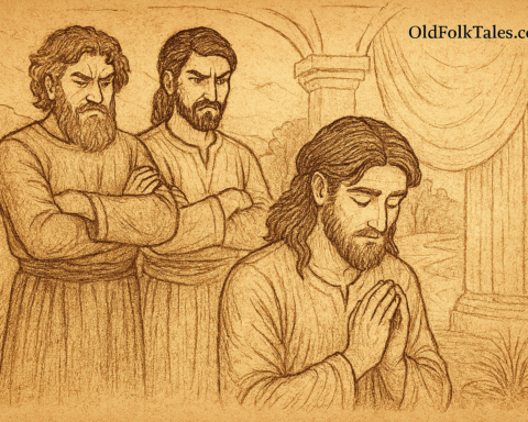 Parchment-style illustration of West African prince kneeling as jealous brothers glare behind him in palace hall.