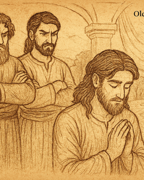 Parchment-style illustration of West African prince kneeling as jealous brothers glare behind him in palace hall.